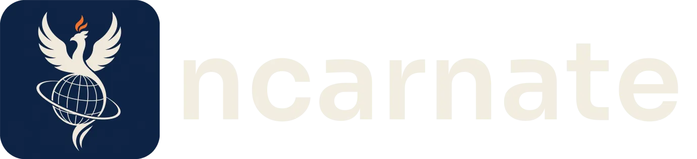 ncarnate — a phoenix rising from an orbited globe.