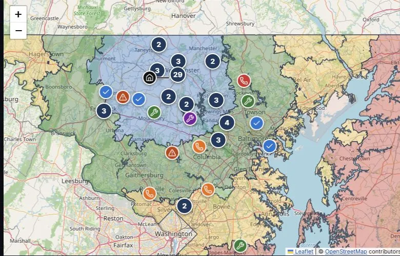 Screenshot of the interactive Service Operations Map with a demo headquarters, numbered groups of service sites, and pricing zones in Maryland.